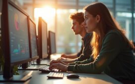 Ein strahlendes, natürlich beleuchtetes Porträt zweier junger, engagierter Studierender in einem modernen Universitätsrechenzentrum, die konzentriert vor Bildschirmen mit komplexen Daten und KI-Modellen sitzen, während im Hintergrund durch ein großes Fenster sanftes Tageslicht fällt und eine warme, inspirierende Atmosphäre der Hoffnung und bahnbrechenden Innovation schafft.