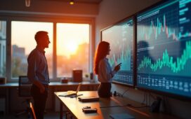 Ein warm erleuchtetes, modernes Labor mit Forschern in freundlicher Teamarbeit vor großen Bildschirmen, die komplexe Datenvisualisierungen von KI-Analysen zeigen, während sanftes Tageslicht durch große Fenster fällt und eine Atmosphäre von Vertrauen und Aufbruchsstimmung schafft.