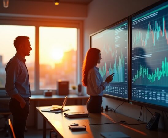 Ein warm erleuchtetes, modernes Labor mit Forschern in freundlicher Teamarbeit vor großen Bildschirmen, die komplexe Datenvisualisierungen von KI-Analysen zeigen, während sanftes Tageslicht durch große Fenster fällt und eine Atmosphäre von Vertrauen und Aufbruchsstimmung schafft.