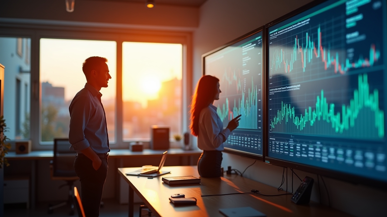 Ein warm erleuchtetes, modernes Labor mit Forschern in freundlicher Teamarbeit vor großen Bildschirmen, die komplexe Datenvisualisierungen von KI-Analysen zeigen, während sanftes Tageslicht durch große Fenster fällt und eine Atmosphäre von Vertrauen und Aufbruchsstimmung schafft.