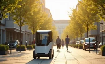In einem sonnendurchfluteten urbanen Quartier gleitet ein moderner, schlanker autonomer Lieferroboter leise und selbstständig über den Gehweg, umgeben von freundlichen Passanten und grünen Stadtbäumen, die eine warme Atmosphäre innovativer Nachhaltigkeit und zukunftsweisender Mobilität ausstrahlen.