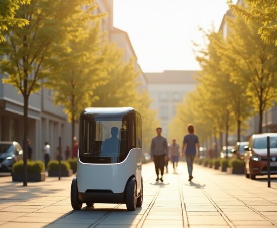 In einem sonnendurchfluteten urbanen Quartier gleitet ein moderner, schlanker autonomer Lieferroboter leise und selbstständig über den Gehweg, umgeben von freundlichen Passanten und grünen Stadtbäumen, die eine warme Atmosphäre innovativer Nachhaltigkeit und zukunftsweisender Mobilität ausstrahlen.