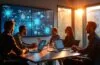 Ein lichtdurchfluteter, moderner Besprechungsraum mit einem engagierten Team aus vielfältigen IT-Experten, die vor großen Bildschirmen mit komplexen Server- und Netzwerkvisualisierungen zusammenarbeiten, während warme Sonnenstrahlen durch große Fenster fallen und eine Atmosphäre von Innovation, Offenheit und zukunftsweisender Technologie schaffen.