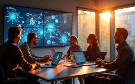 Ein lichtdurchfluteter, moderner Besprechungsraum mit einem engagierten Team aus vielfältigen IT-Experten, die vor großen Bildschirmen mit komplexen Server- und Netzwerkvisualisierungen zusammenarbeiten, während warme Sonnenstrahlen durch große Fenster fallen und eine Atmosphäre von Innovation, Offenheit und zukunftsweisender Technologie schaffen.