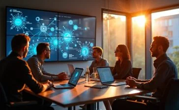 Ein lichtdurchfluteter, moderner Besprechungsraum mit einem engagierten Team aus vielfältigen IT-Experten, die vor großen Bildschirmen mit komplexen Server- und Netzwerkvisualisierungen zusammenarbeiten, während warme Sonnenstrahlen durch große Fenster fallen und eine Atmosphäre von Innovation, Offenheit und zukunftsweisender Technologie schaffen.