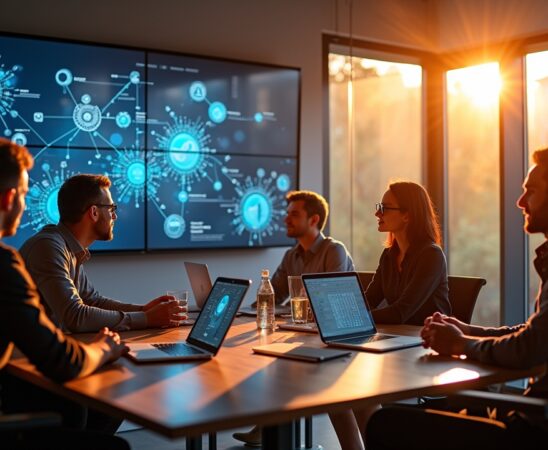 Ein lichtdurchfluteter, moderner Besprechungsraum mit einem engagierten Team aus vielfältigen IT-Experten, die vor großen Bildschirmen mit komplexen Server- und Netzwerkvisualisierungen zusammenarbeiten, während warme Sonnenstrahlen durch große Fenster fallen und eine Atmosphäre von Innovation, Offenheit und zukunftsweisender Technologie schaffen.