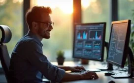 Ein freundlicher IT-Administrator sitzt an einem modernen, hell erleuchteten Arbeitsplatz mit mehreren Bildschirmen, auf denen komplexe Systemdaten visualisiert sind, während warmes Tageslicht durch ein großes Fenster strömt und eine konzentrierte, zugleich entspannte Atmosphäre der digitalen Systemanalyse und Open-Source-Entwicklung vermittelt.