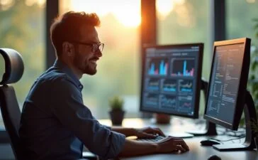 Ein freundlicher IT-Administrator sitzt an einem modernen, hell erleuchteten Arbeitsplatz mit mehreren Bildschirmen, auf denen komplexe Systemdaten visualisiert sind, während warmes Tageslicht durch ein großes Fenster strömt und eine konzentrierte, zugleich entspannte Atmosphäre der digitalen Systemanalyse und Open-Source-Entwicklung vermittelt.