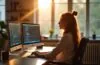 In einem hell erleuchteten, modern ausgestatteten Büro sitzt eine entspannte Webentwicklerin vor mehreren Bildschirmen mit klar sichtbaren Terminalfenstern, während warmes Tageslicht durch große Fenster fällt und eine Atmosphäre von konzentrierter Produktivität und technischer Leichtigkeit schafft.