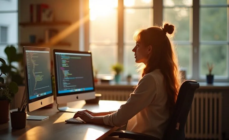 In einem hell erleuchteten, modern ausgestatteten Büro sitzt eine entspannte Webentwicklerin vor mehreren Bildschirmen mit klar sichtbaren Terminalfenstern, während warmes Tageslicht durch große Fenster fällt und eine Atmosphäre von konzentrierter Produktivität und technischer Leichtigkeit schafft.