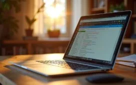 Ein lichtdurchflutetes, detailreiches Autorenbüro mit warmen Holztönen, in dem ein aufgeschlagener Laptop, offene Programmiernotizen und bunte Bildschirmfenster die kreative Zusammenarbeit einer engagierten Open-Source-Community symbolisieren, eingefangen in natürlichem Tageslicht für eine freundliche, einladende Atmosphäre.