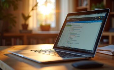 Ein lichtdurchflutetes, detailreiches Autorenbüro mit warmen Holztönen, in dem ein aufgeschlagener Laptop, offene Programmiernotizen und bunte Bildschirmfenster die kreative Zusammenarbeit einer engagierten Open-Source-Community symbolisieren, eingefangen in natürlichem Tageslicht für eine freundliche, einladende Atmosphäre.