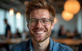 Ein warm beleuchtetes, natürlich wirkendes Porträt von Sam Altman in einem modernen, lichtdurchfluteten Büro, das seine zurückkehrende Führungsstärke und den dynamischen Wandel bei OpenAI in einer freundlichen, einfühlsamen Atmosphäre zeigt.