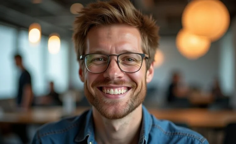 Ein warm beleuchtetes, natürlich wirkendes Porträt von Sam Altman in einem modernen, lichtdurchfluteten Büro, das seine zurückkehrende Führungsstärke und den dynamischen Wandel bei OpenAI in einer freundlichen, einfühlsamen Atmosphäre zeigt.