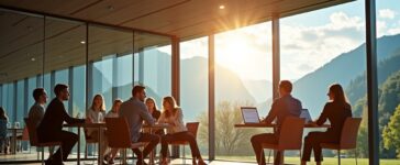 Ein sonnendurchflutetes modernes Schweizer Rechenzentrum mit großen Glasfronten, vor dem in entspannter Gesprächsatmosphäre diverse IT-Fachleute unterschiedlicher Herkunft im hellen Business-Casual-Stil vernetzt zusammenarbeiten, umgeben von alpiner Landschaft und warmem Tageslicht, das Stabilität, Vertrauen und zukunftsorientierte Cloud-Technologien symbolisiert.