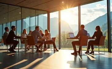 Ein sonnendurchflutetes modernes Schweizer Rechenzentrum mit großen Glasfronten, vor dem in entspannter Gesprächsatmosphäre diverse IT-Fachleute unterschiedlicher Herkunft im hellen Business-Casual-Stil vernetzt zusammenarbeiten, umgeben von alpiner Landschaft und warmem Tageslicht, das Stabilität, Vertrauen und zukunftsorientierte Cloud-Technologien symbolisiert.