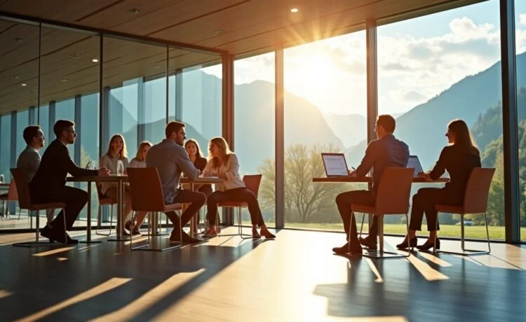 Ein sonnendurchflutetes modernes Schweizer Rechenzentrum mit großen Glasfronten, vor dem in entspannter Gesprächsatmosphäre diverse IT-Fachleute unterschiedlicher Herkunft im hellen Business-Casual-Stil vernetzt zusammenarbeiten, umgeben von alpiner Landschaft und warmem Tageslicht, das Stabilität, Vertrauen und zukunftsorientierte Cloud-Technologien symbolisiert.