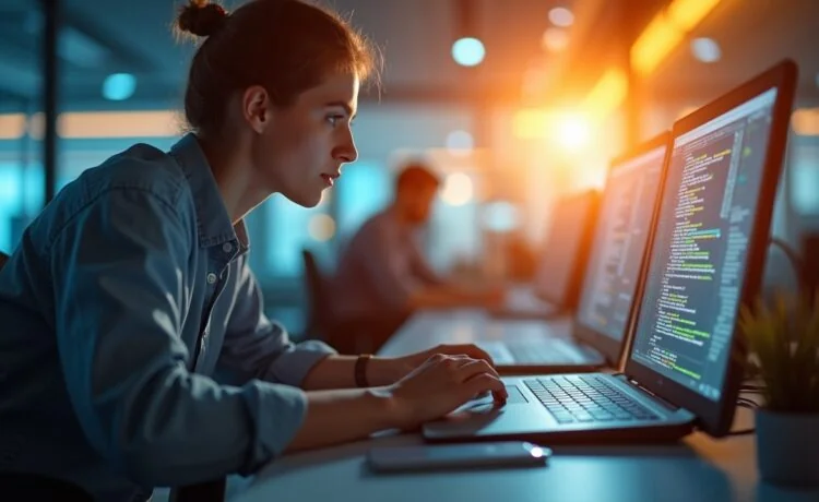 Ein hell erleuchteter, moderner Arbeitsplatz mit lächelnden IT-Profis, die konzentriert an digitalen Code-Bildschirmen arbeiten, umgeben von natürlichem Sonnenlicht und einer warmen, einladenden Atmosphäre, die das Thema vertrauenswürdige KI-Sicherheit und innovative Technologie lebendig einfängt.