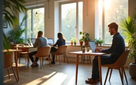 Ein lichtdurchflutetes modernes Büro mit entspannten Fachkräften, die an Laptops und Tablets konzentriert kleinere KI-Modelle programmieren und testen, umgeben von natürlichen Holzmöbeln und Pflanzen, die eine warme, einladende Atmosphäre schaffen und den stillen Wandel moderner Unternehmen symbolisieren.