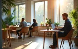 Ein lichtdurchflutetes modernes Büro mit entspannten Fachkräften, die an Laptops und Tablets konzentriert kleinere KI-Modelle programmieren und testen, umgeben von natürlichen Holzmöbeln und Pflanzen, die eine warme, einladende Atmosphäre schaffen und den stillen Wandel moderner Unternehmen symbolisieren.