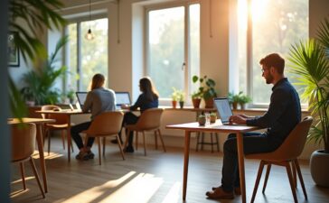 Ein lichtdurchflutetes modernes Büro mit entspannten Fachkräften, die an Laptops und Tablets konzentriert kleinere KI-Modelle programmieren und testen, umgeben von natürlichen Holzmöbeln und Pflanzen, die eine warme, einladende Atmosphäre schaffen und den stillen Wandel moderner Unternehmen symbolisieren.