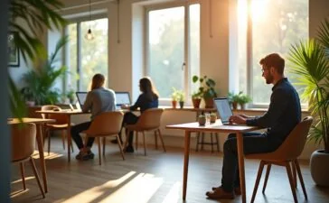 Ein lichtdurchflutetes modernes Büro mit entspannten Fachkräften, die an Laptops und Tablets konzentriert kleinere KI-Modelle programmieren und testen, umgeben von natürlichen Holzmöbeln und Pflanzen, die eine warme, einladende Atmosphäre schaffen und den stillen Wandel moderner Unternehmen symbolisieren.