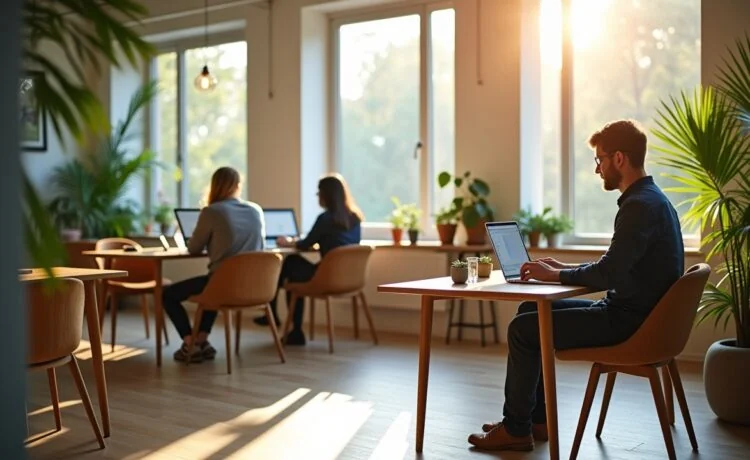 Ein lichtdurchflutetes modernes Büro mit entspannten Fachkräften, die an Laptops und Tablets konzentriert kleinere KI-Modelle programmieren und testen, umgeben von natürlichen Holzmöbeln und Pflanzen, die eine warme, einladende Atmosphäre schaffen und den stillen Wandel moderner Unternehmen symbolisieren.