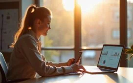 In einem hell erleuchteten, modernen Büro sitzt eine junge, motivierte Content-Creatorin entspannt vor ihrem Laptop und betrachtet stolz aufgeschlagene Analytics-Dashboards neben einem Smartphone, während warmes Tageslicht durch große Fenster fällt und die Atmosphäre von kreativer Dynamik und digitalem Engagement erfüllt.