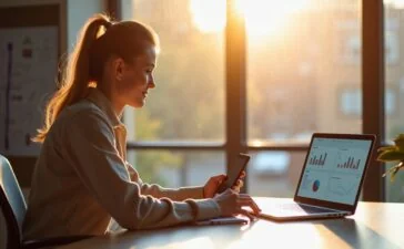 In einem hell erleuchteten, modernen Büro sitzt eine junge, motivierte Content-Creatorin entspannt vor ihrem Laptop und betrachtet stolz aufgeschlagene Analytics-Dashboards neben einem Smartphone, während warmes Tageslicht durch große Fenster fällt und die Atmosphäre von kreativer Dynamik und digitalem Engagement erfüllt.