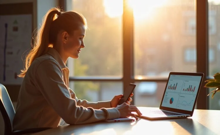 In einem hell erleuchteten, modernen Büro sitzt eine junge, motivierte Content-Creatorin entspannt vor ihrem Laptop und betrachtet stolz aufgeschlagene Analytics-Dashboards neben einem Smartphone, während warmes Tageslicht durch große Fenster fällt und die Atmosphäre von kreativer Dynamik und digitalem Engagement erfüllt.