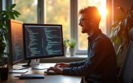 In einem hell erleuchteten, modern eingerichteten Büro sitzt ein lächelnder Webentwickler entspannt vor mehreren bildschirmfüllenden Monitoren mit farblich harmonischen Codezeilen, während warmes Tageslicht durch große Fenster fällt und eine freundliche, konzentrierte Atmosphäre voller Hingabe und technischer Präzision ausstrahlt.