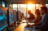Ein hell erleuchtetes, modernes Büro mit entspannten Investoren, die bei natürlichem Tageslicht an nebeneinanderstehenden Bildschirmen konzentriert innovative Quantencomputing-Daten analysieren, während warme Sonnenstrahlen eine freundliche Atmosphäre voller Zuversicht und Fortschritt schaffen.