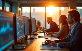 Ein hell erleuchtetes, modernes Büro mit entspannten Investoren, die bei natürlichem Tageslicht an nebeneinanderstehenden Bildschirmen konzentriert innovative Quantencomputing-Daten analysieren, während warme Sonnenstrahlen eine freundliche Atmosphäre voller Zuversicht und Fortschritt schaffen.