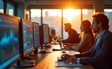 Ein hell erleuchtetes, modernes Büro mit entspannten Investoren, die bei natürlichem Tageslicht an nebeneinanderstehenden Bildschirmen konzentriert innovative Quantencomputing-Daten analysieren, während warme Sonnenstrahlen eine freundliche Atmosphäre voller Zuversicht und Fortschritt schaffen.