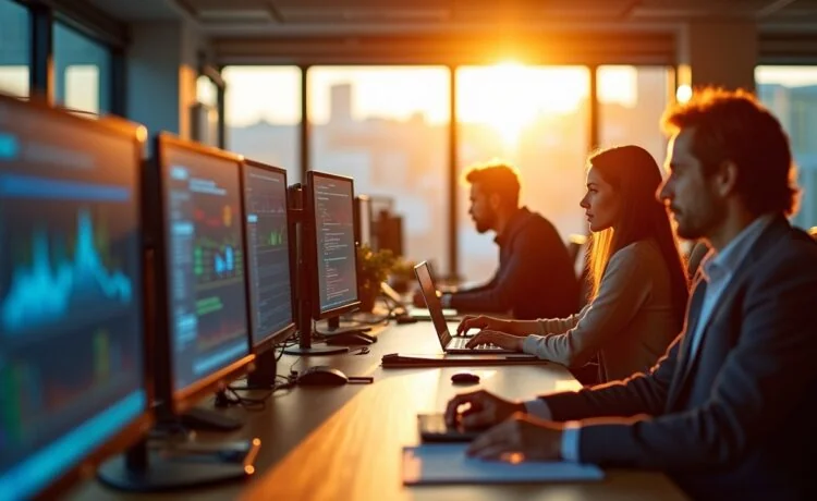 Ein hell erleuchtetes, modernes Büro mit entspannten Investoren, die bei natürlichem Tageslicht an nebeneinanderstehenden Bildschirmen konzentriert innovative Quantencomputing-Daten analysieren, während warme Sonnenstrahlen eine freundliche Atmosphäre voller Zuversicht und Fortschritt schaffen.