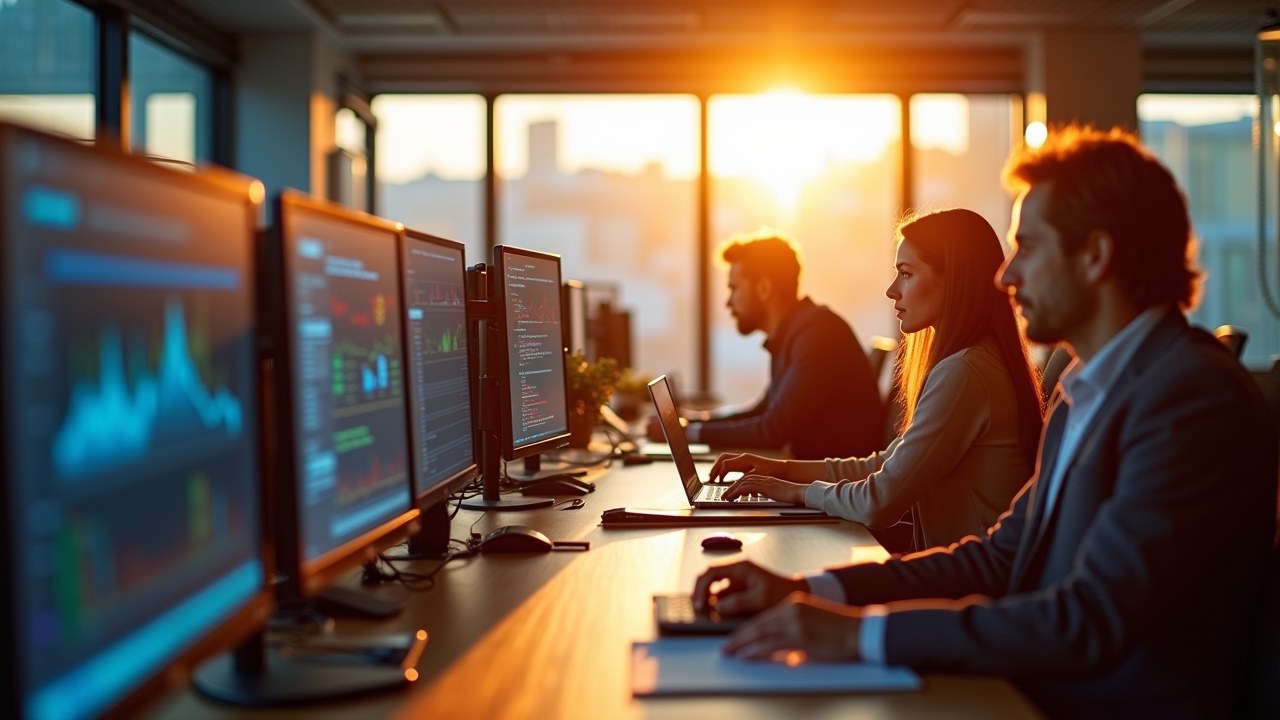 Ein hell erleuchtetes, modernes Büro mit entspannten Investoren, die bei natürlichem Tageslicht an nebeneinanderstehenden Bildschirmen konzentriert innovative Quantencomputing-Daten analysieren, während warme Sonnenstrahlen eine freundliche Atmosphäre voller Zuversicht und Fortschritt schaffen.