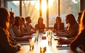 Ein hell erleuchteter Besprechungsraum mit einer vielfältigen Gruppe engagierter Menschen, die konzentriert um einen Tisch sitzen und lebhaft eine digitale Zukunft diskutieren, während warmes Tageslicht sanft durch große Fenster fällt und die Atmosphäre von Offenheit, Vertrauen und demokratischem Austausch erfüllt.