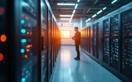 Ein hell erleuchtetes, modernes Rechenzentrum mit fokussiertem Techniker, der vor mehreren hochentwickelten KI-Chips arbeitet, während warmes Tageslicht durch große Fenster fällt und eine freundliche, zukunftsweisende Atmosphäre schafft.