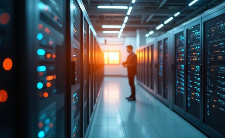 Ein hell erleuchtetes, modernes Rechenzentrum mit fokussiertem Techniker, der vor mehreren hochentwickelten KI-Chips arbeitet, während warmes Tageslicht durch große Fenster fällt und eine freundliche, zukunftsweisende Atmosphäre schafft.