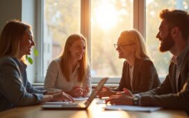 In einem hell erleuchteten, modernen Büroraum diskutieren drei junge Fachleute mit freundlichen Gesichtern lebhaft über Zukunftsstrategien der KI-Finanzierung, während Sonnenlicht durch große Fenster fällt und eine warme, optimistische Atmosphäre schafft.