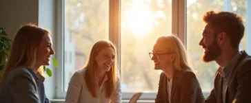 In einem hell erleuchteten, modernen Büroraum diskutieren drei junge Fachleute mit freundlichen Gesichtern lebhaft über Zukunftsstrategien der KI-Finanzierung, während Sonnenlicht durch große Fenster fällt und eine warme, optimistische Atmosphäre schafft.