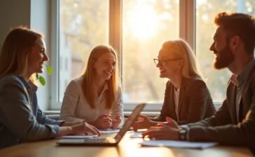 In einem hell erleuchteten, modernen Büroraum diskutieren drei junge Fachleute mit freundlichen Gesichtern lebhaft über Zukunftsstrategien der KI-Finanzierung, während Sonnenlicht durch große Fenster fällt und eine warme, optimistische Atmosphäre schafft.