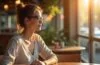 Eine sonnendurchflutete Szene in einem modernen Café: eine junge Frau mit einem dezenten, futuristisch wirkenden smarten Ring und eleganter Brille sitzt entspannt am Holztisch, in ihrem warmen Lächeln spiegeln sich Neugier und Verbindung, während natürliches Tageslicht sanft ihre Haut und die feinen technologischen Details der KI-gestützten Wearables hervorhebt – ein lebendiges Symbol für die nahtlose Verschmelzung von Mensch und smarter Kommunikation im Alltag.