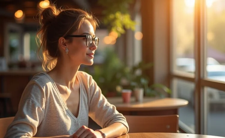 Eine sonnendurchflutete Szene in einem modernen Café: eine junge Frau mit einem dezenten, futuristisch wirkenden smarten Ring und eleganter Brille sitzt entspannt am Holztisch, in ihrem warmen Lächeln spiegeln sich Neugier und Verbindung, während natürliches Tageslicht sanft ihre Haut und die feinen technologischen Details der KI-gestützten Wearables hervorhebt – ein lebendiges Symbol für die nahtlose Verschmelzung von Mensch und smarter Kommunikation im Alltag.