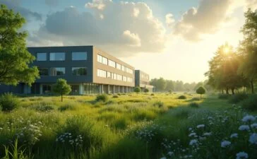 Ein strahlend heller, realistisch detailreicher Außenblick auf ein modernes, nachhaltiges Rechenzentrum, eingebettet in grünes Landschaftsbild mit sonnigem Himmel, wo natürliche Lichtreflexe warme Atmosphäre schaffen und Hightech-Infrastruktur harmonisch mit erneuerbaren Energien und Natur vereint wird.