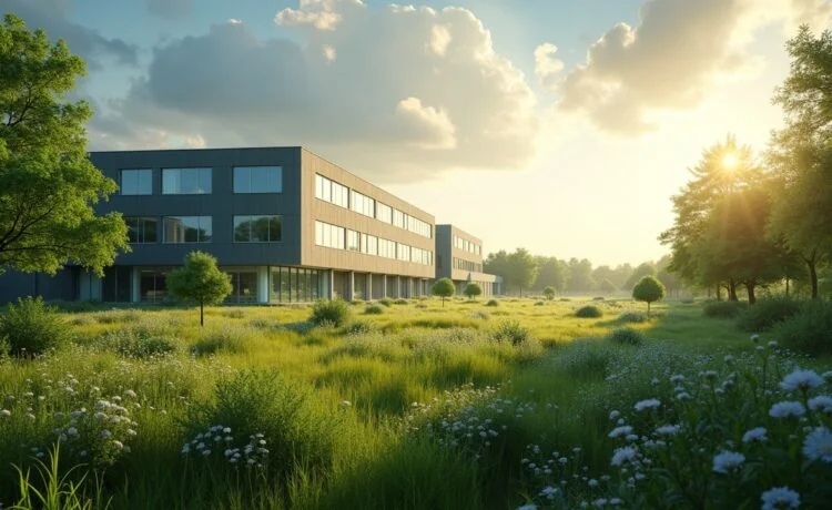Ein strahlend heller, realistisch detailreicher Außenblick auf ein modernes, nachhaltiges Rechenzentrum, eingebettet in grünes Landschaftsbild mit sonnigem Himmel, wo natürliche Lichtreflexe warme Atmosphäre schaffen und Hightech-Infrastruktur harmonisch mit erneuerbaren Energien und Natur vereint wird.