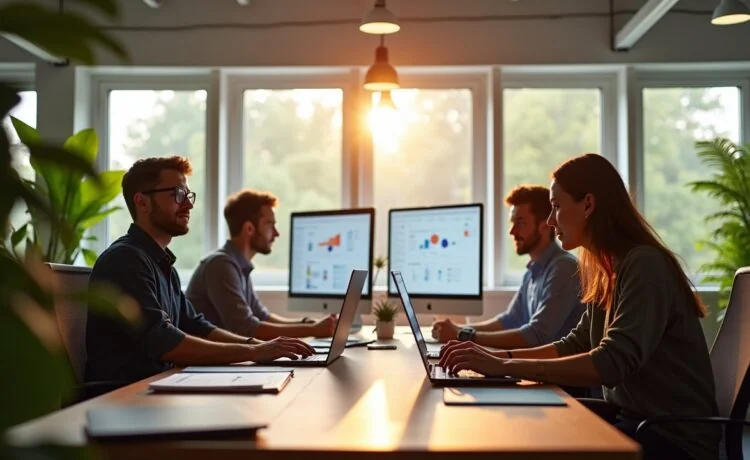 Ein hell erleuchteter, moderner Arbeitsplatz mit einem entspannten Softwareentwicklerteam in lässiger Businesskleidung, das intensiv an Laptops und großen Bildschirmen mit komplexen Architektur-Diagrammen arbeitet, umgeben von warmem Tageslicht und einem inspirierenden, offenen Büroambiente voller grüner Pflanzen und klarer Linien.