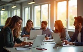 Ein lichtdurchflutetes, freundliches Büroambiente zeigt eine diverse Gruppe engagierter Fachkräfte in moderner Arbeitskleidung, die kommunikativ und konzentriert an hybriden Arbeitsplätzen mit Laptops und Notizblöcken zusammenarbeiten, während warmes Tageslicht durch große Fenster fällt und eine Atmosphäre von Menschlichkeit, Innovation und Zuversicht im digitalen Wandel vermittelt.