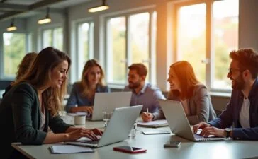 Ein lichtdurchflutetes, freundliches Büroambiente zeigt eine diverse Gruppe engagierter Fachkräfte in moderner Arbeitskleidung, die kommunikativ und konzentriert an hybriden Arbeitsplätzen mit Laptops und Notizblöcken zusammenarbeiten, während warmes Tageslicht durch große Fenster fällt und eine Atmosphäre von Menschlichkeit, Innovation und Zuversicht im digitalen Wandel vermittelt.