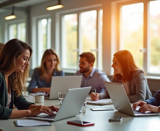 Ein lichtdurchflutetes, freundliches Büroambiente zeigt eine diverse Gruppe engagierter Fachkräfte in moderner Arbeitskleidung, die kommunikativ und konzentriert an hybriden Arbeitsplätzen mit Laptops und Notizblöcken zusammenarbeiten, während warmes Tageslicht durch große Fenster fällt und eine Atmosphäre von Menschlichkeit, Innovation und Zuversicht im digitalen Wandel vermittelt.